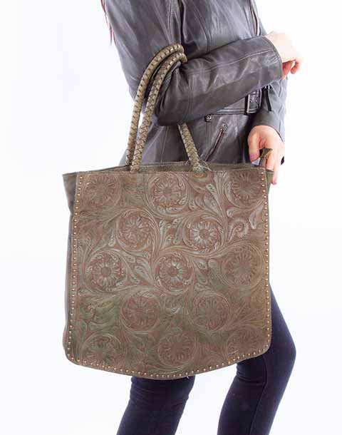 SCULLY: Weathered Tooled Leather Square Tote Bag