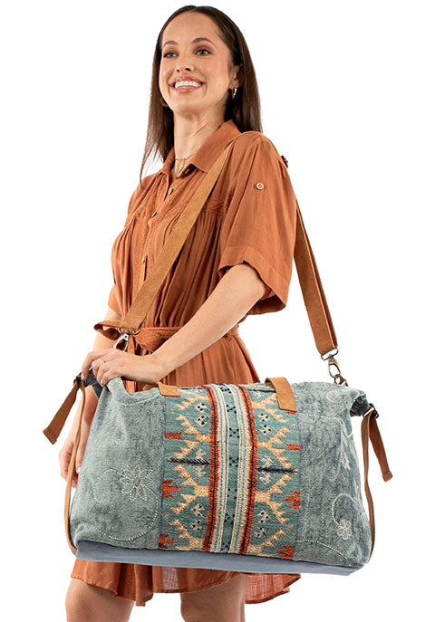 SCULLY: Blue Canvas and Saddle Blanket Duffel Bag