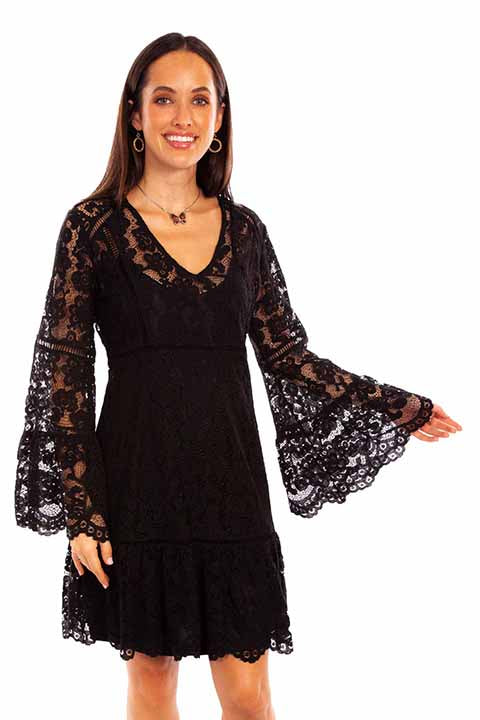 Scully-: Women's Full Lace Long Bell Sleeve Cocktail Dress