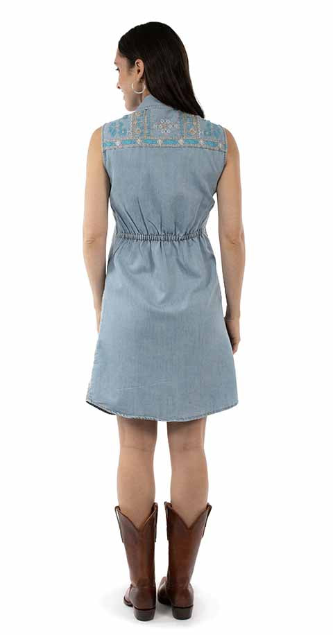 SCULLY: Women's Aztec Embroidered Cinched-Waist Denim Dress