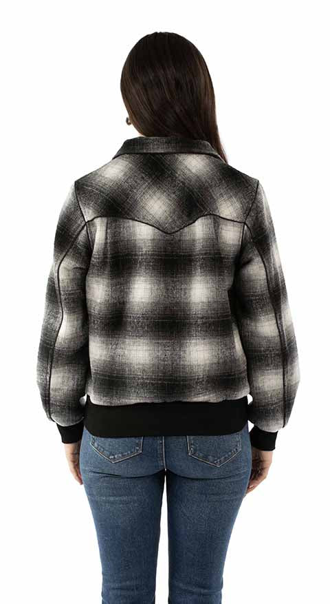 SCULLY: Black and White Blended Plaid Baseball Jacket