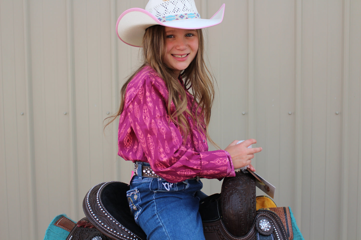 ROPER GIRLS LONG SLEEVE SNAP AZTEC FEATHERS WESTERN SHIRT