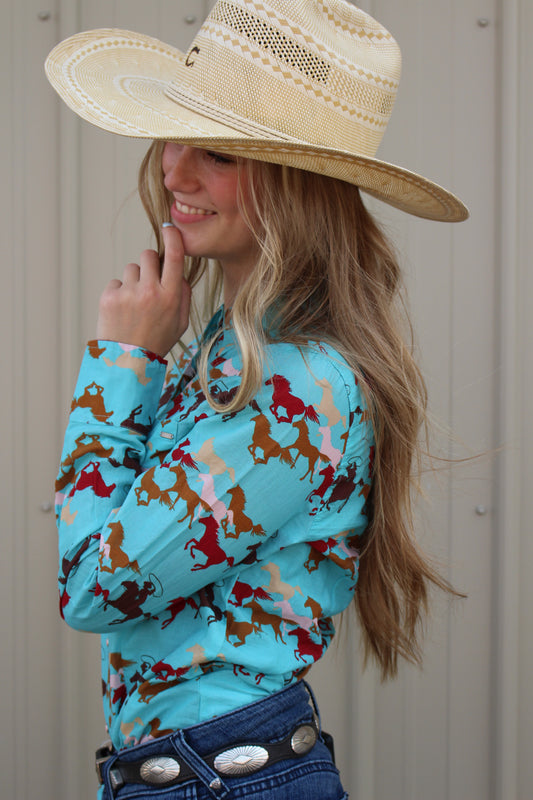 TIN HAUL WOMENS LONG SLEEVE BLOUSE WILD HORSES