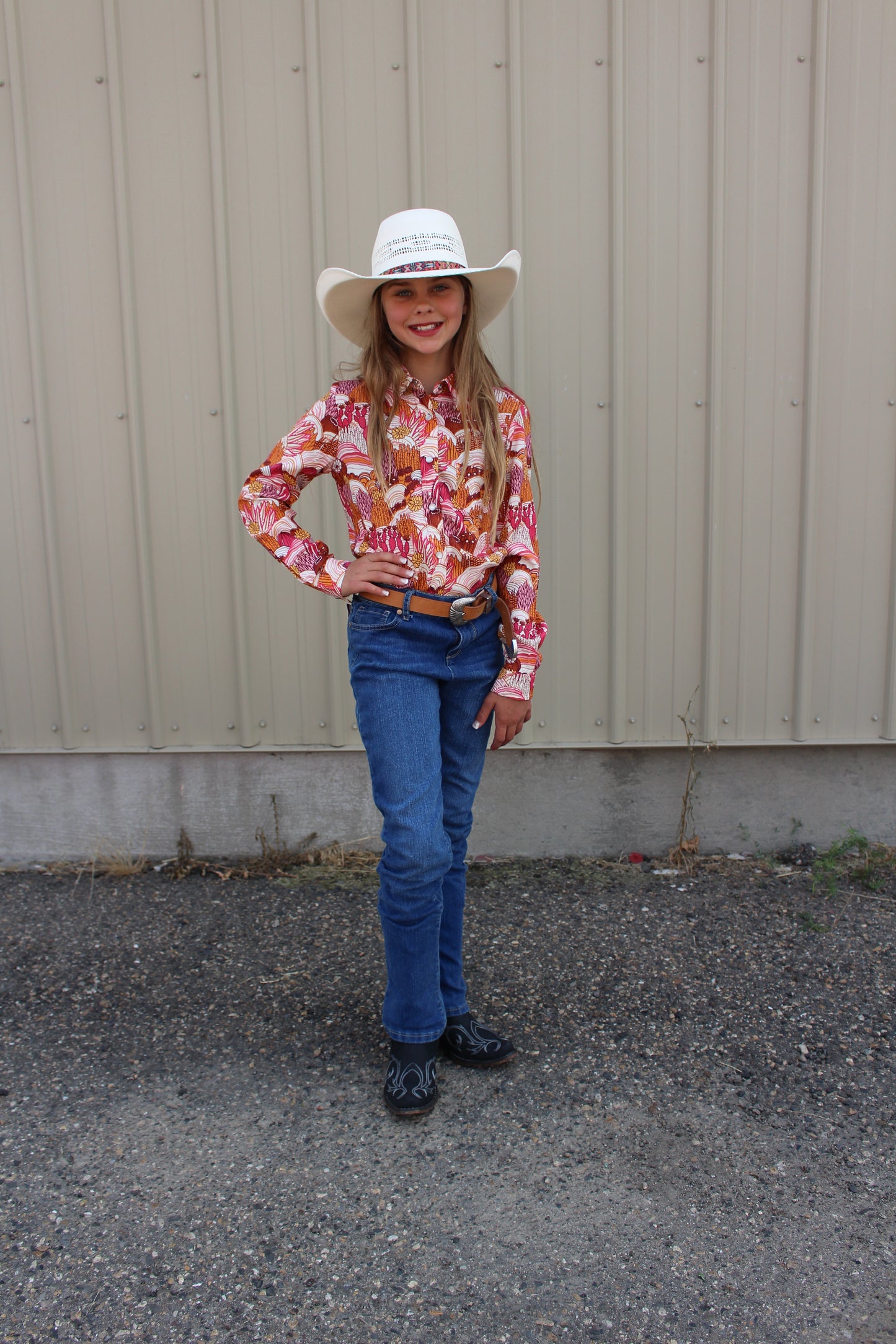 GIRLS LONG SLEEVE SNAP GROOVY CACTI PRINTED RAYON BLOUSE WITH 1 POINT FRONT AND BACK YOKES