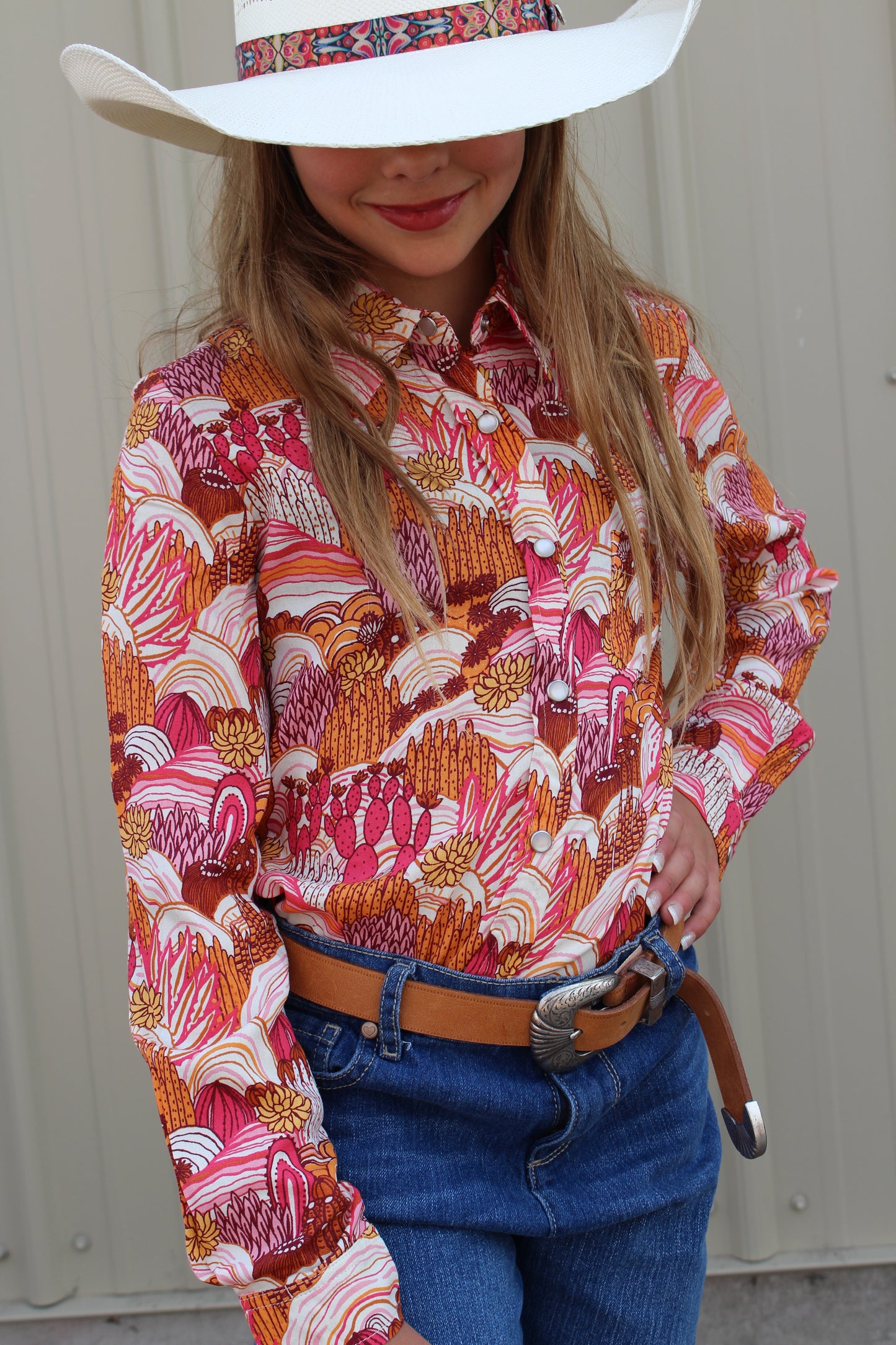 GIRLS LONG SLEEVE SNAP GROOVY CACTI PRINTED RAYON BLOUSE WITH 1 POINT FRONT AND BACK YOKES