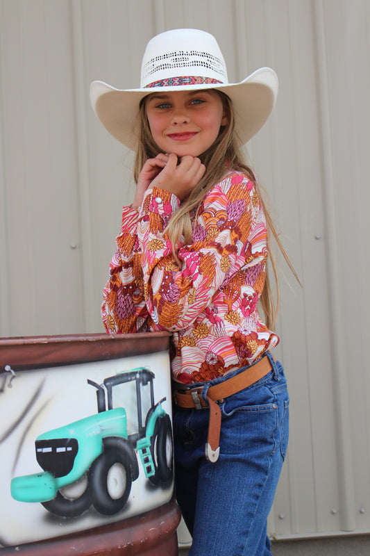 GIRLS LONG SLEEVE SNAP GROOVY CACTI PRINTED RAYON BLOUSE WITH 1 POINT FRONT AND BACK YOKES