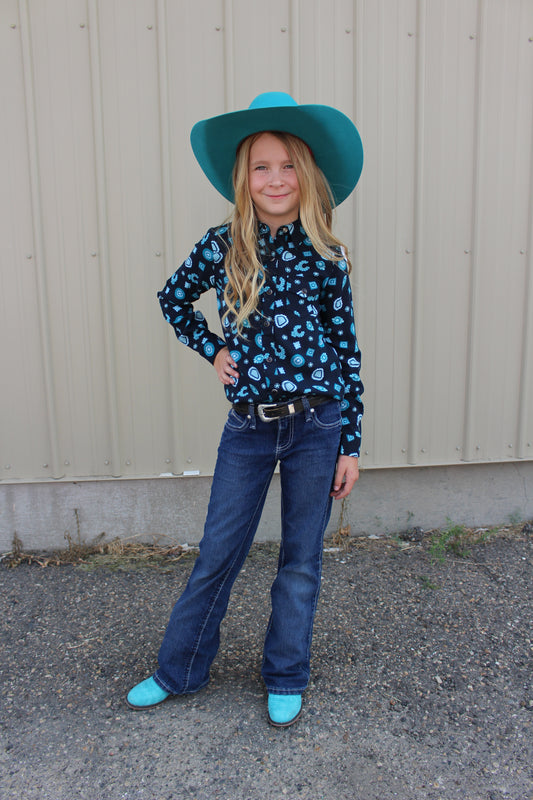 ROPER GIRLS LONG SLEEVE SNAP JEWEL PRINT RAYON WESTERN BLOUSE