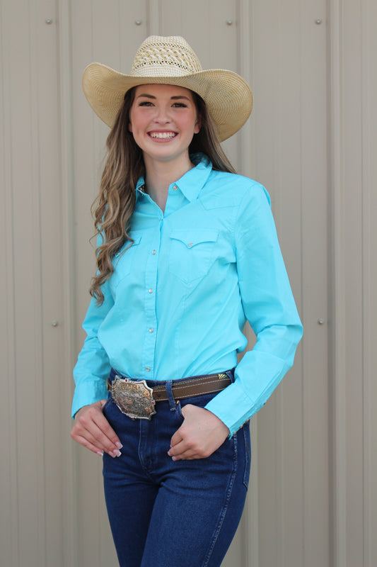 ROPER WOMENS TURQUOISE SOLID LONG SLEEVE SNAP WESTERN SHIRT