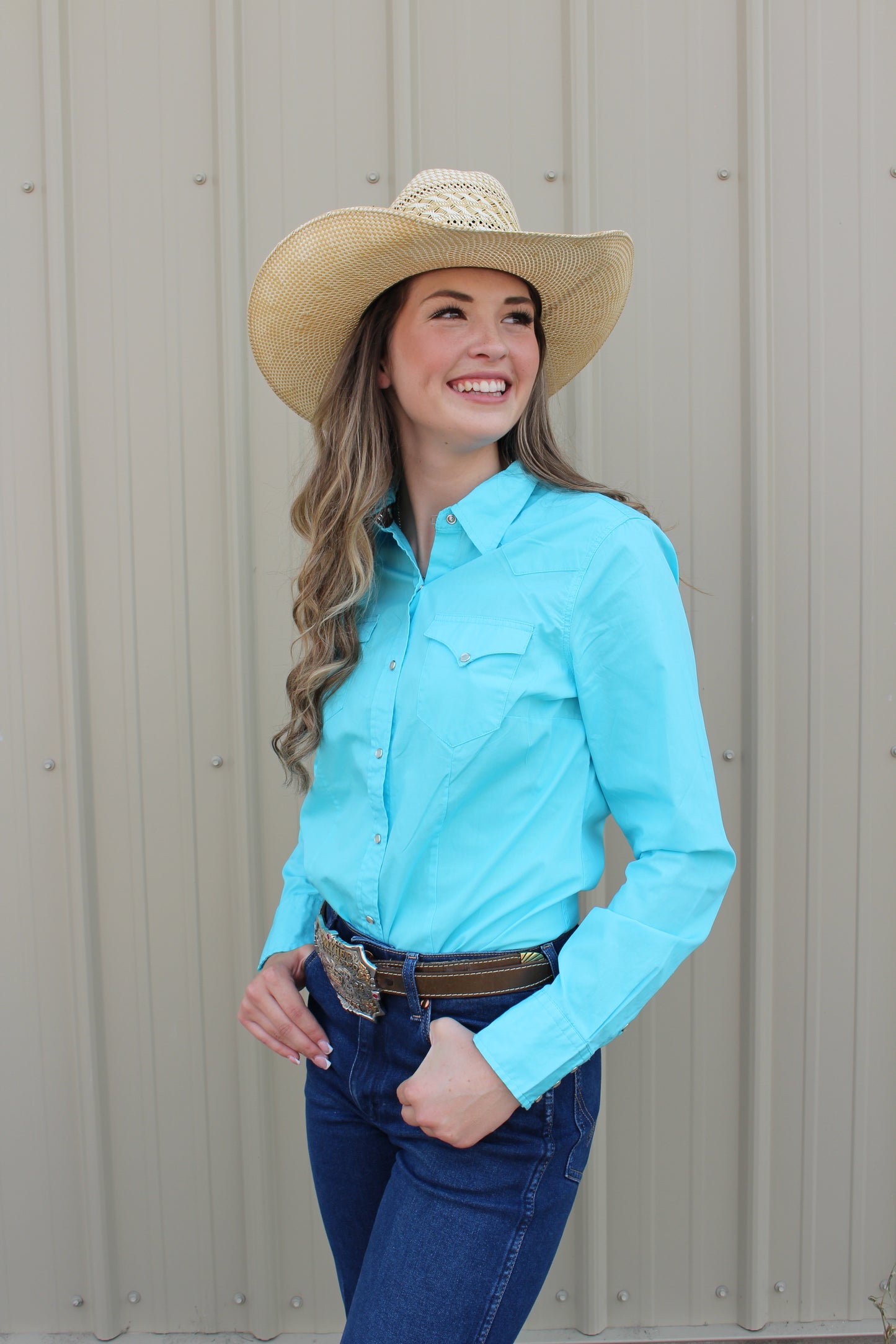 ROPER WOMENS TURQUOISE SOLID LONG SLEEVE SNAP WESTERN SHIRT