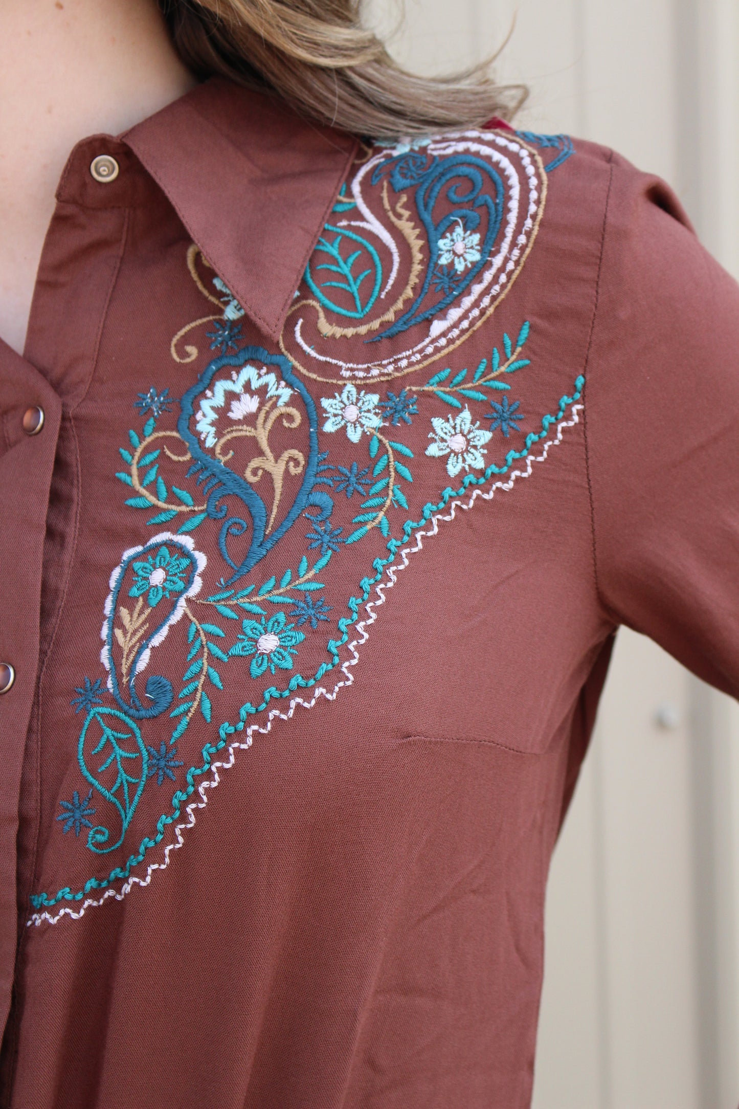 ROPER WOMENS LONG SLEEVE SNAP SOLID BROWN RAYON SHIRT WESTERN SHIRT