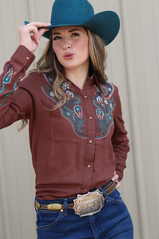 ROPER WOMENS LONG SLEEVE SNAP SOLID BROWN RAYON SHIRT WESTERN SHIRT