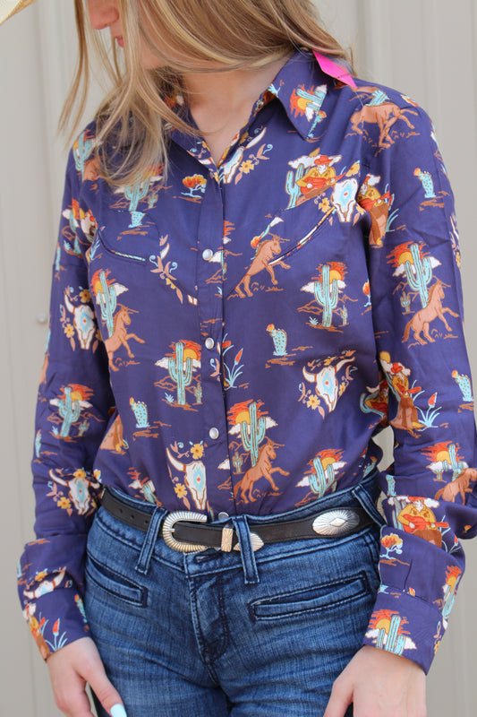 ROPER WOMENS LONG SLEEVE SNAP COWBOY PRINT RAYON WESTERN SHIRT