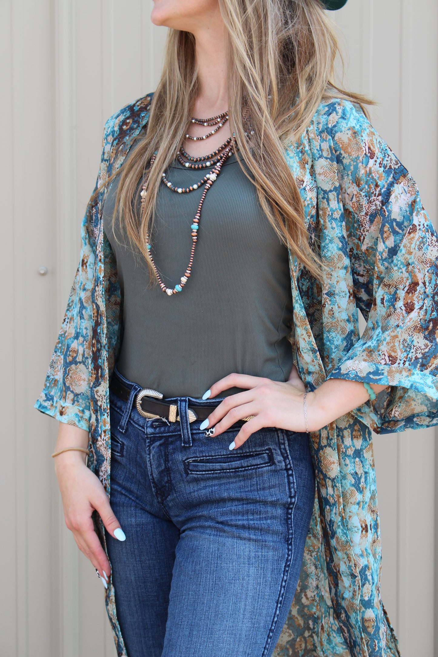 ROPER WOMENS POLY TEAL SNAKE PRINT KIMONO CARDIGAN