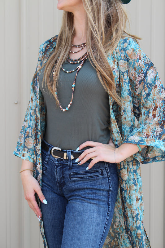 ROPER WOMENS POLY TEAL SNAKE PRINT KIMONO CARDIGAN