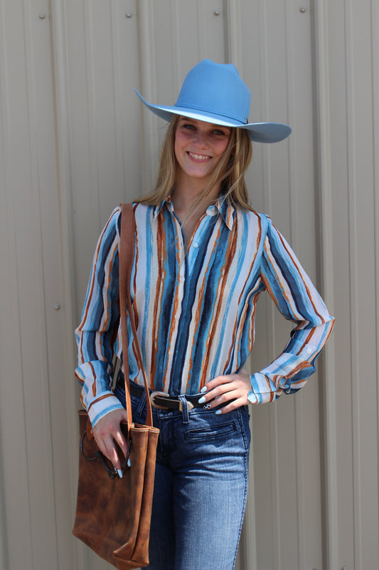 ROPER WOMENS LONG SLEEVE BUTTON WATERCOLOR STRIPE PRINT WESTERN SHIRT