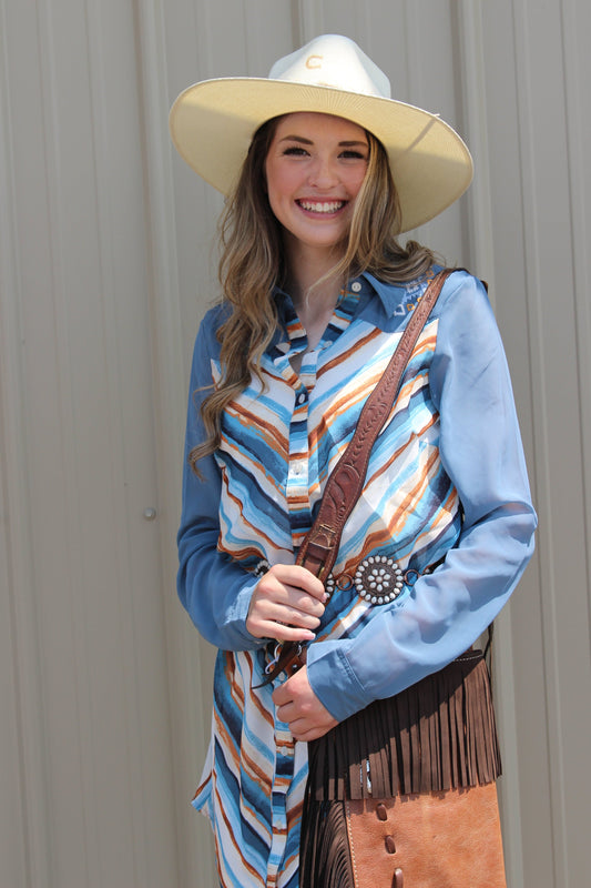 ROPER: WOMENS LONG SLEEVE WATERCOLOR STRIPE PRINT SHIRT DRESS