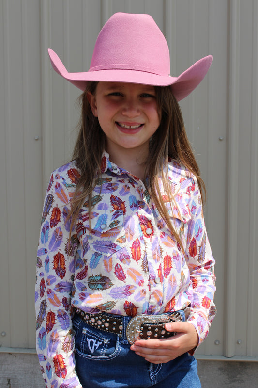 ROPER GIRLS LONG SLEEVE SNAP FEATHER TOSS PRINTED RAYON WESTERN BLOUSE