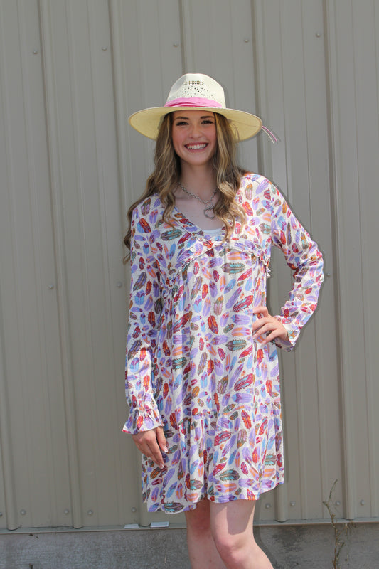 ROPER WOMENS LONG SLEEVE FEATHER TOSS PRINTED RAYON DRESS WITH V NECK 2 TIER SLEEVE SELF RUFFLES