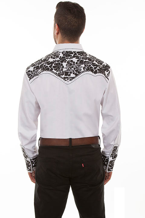 SCULLY FLORAL TOOLED EMBROIDERY SHIRT - White & Black Stitching