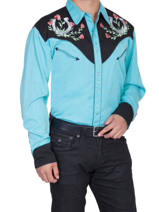 SCULLY HORSESHOE ROSE EMBROIDERY SHIRT - Turquoise