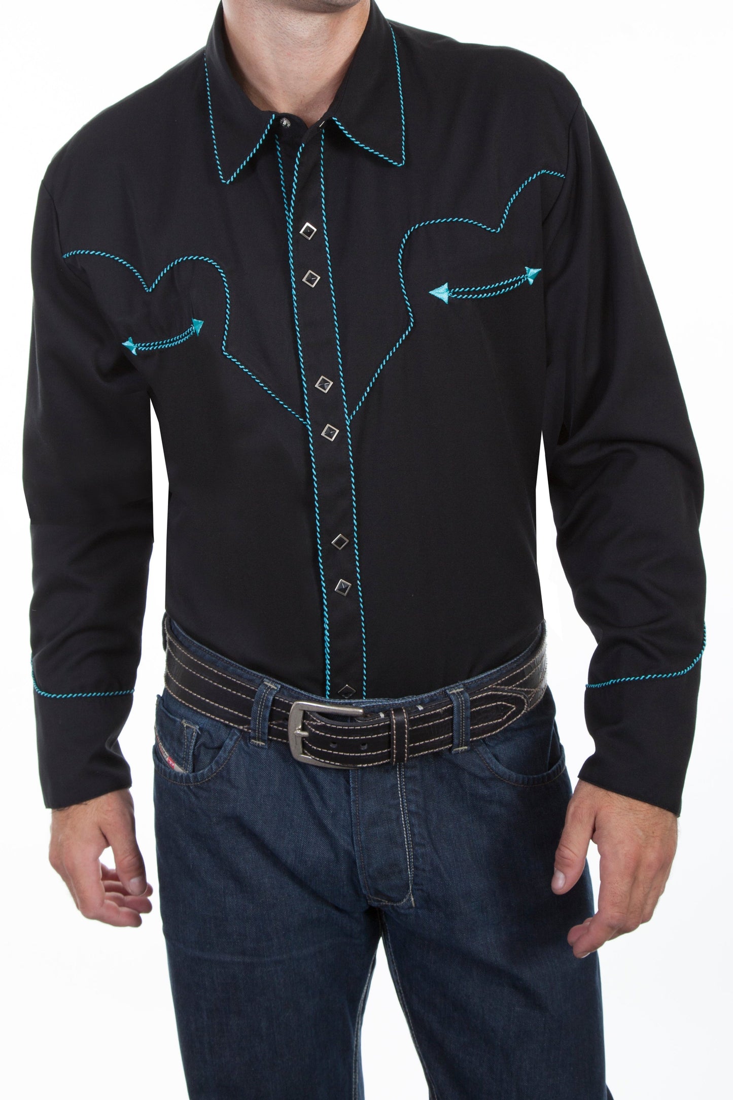 SCULLY SOLID SHIRT W/CANDY CANE PIPING - Turquoise