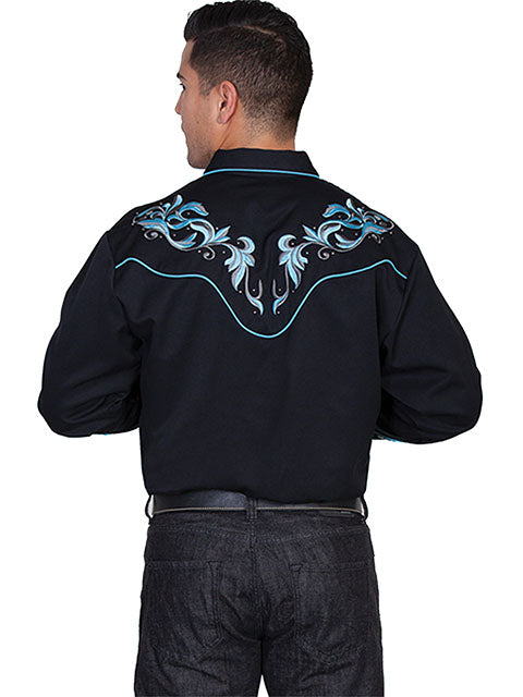 SCULLY LEATHER SCROLL EMBROIDERY SHIRT- Black and Light Blue