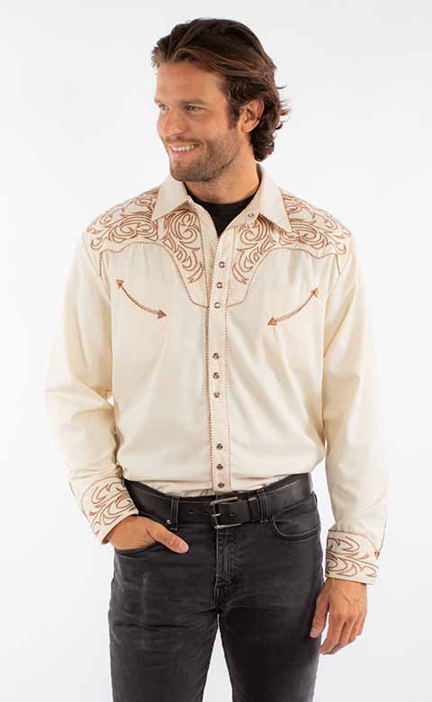 SCULLY ELEGANT TOOLED EMBROIDERY SHIRT - Creme and Copper CANDY CANE PIPING