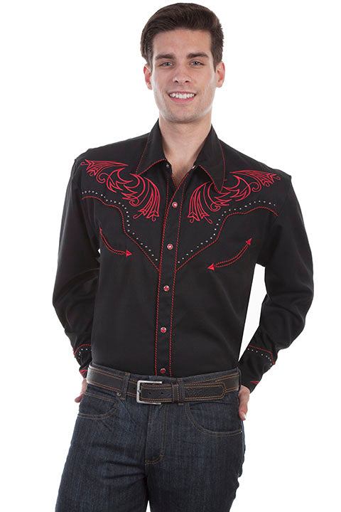 SCULLY ROPE PIPING, STUDS, and SCROLL EMBROIDERY SHIRT- Black