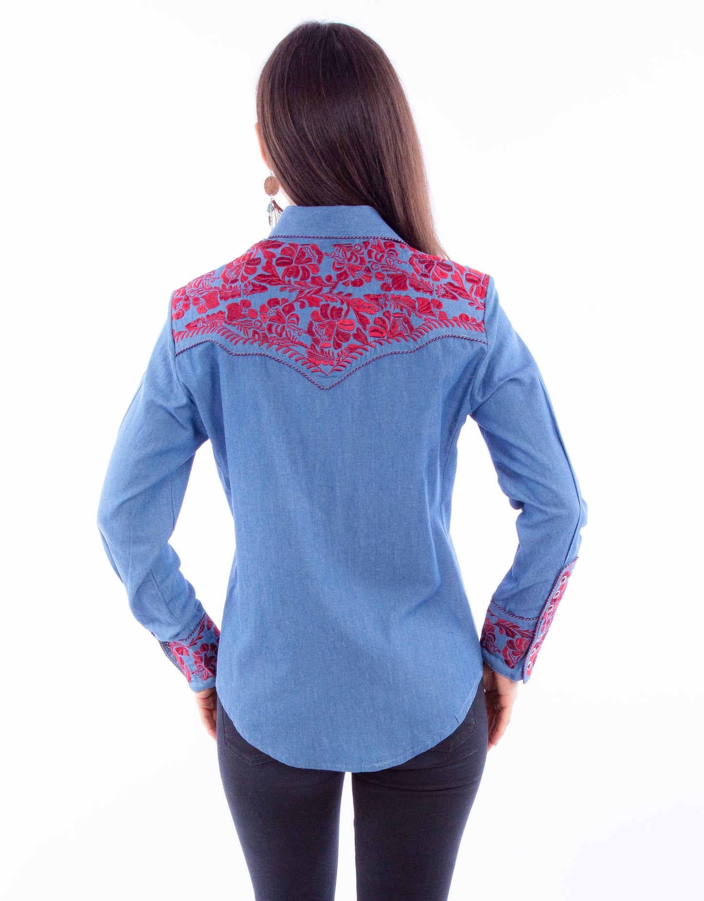 SCULLY FLORAL TOOLED EMB. BLOUSE - BLUE CRANBERRY