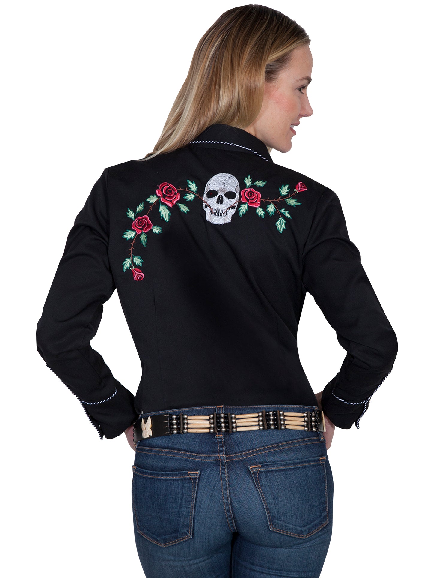 SCULLY LADIES SKULL/ROSE EMB. BLOUSE