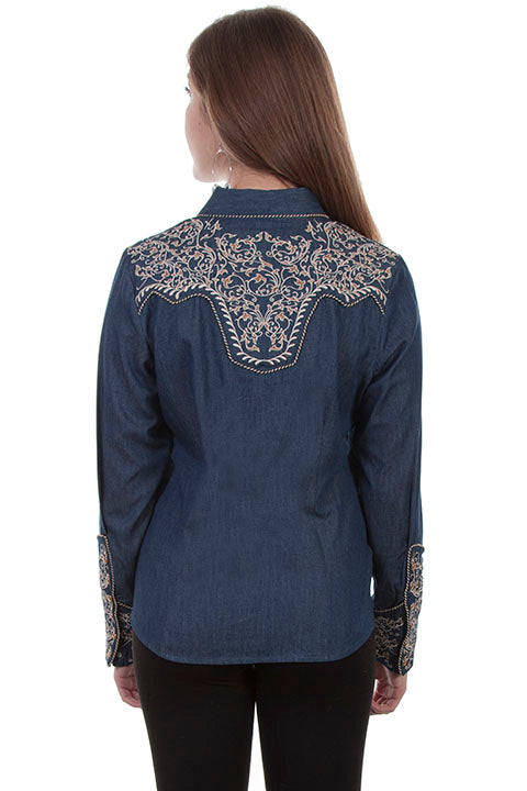 SCULLY- Women's Denim and Two-Toned White Scroll Button Down