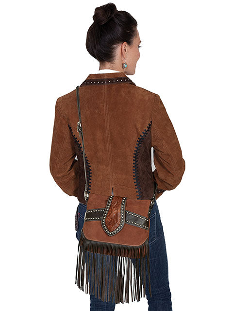 SCULLY: Tooled leather and black fringe Crossbody Purse