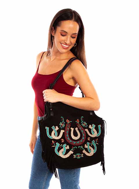 SCULLY: Black Suede Horseshoe Embroidered Shoulder Bag