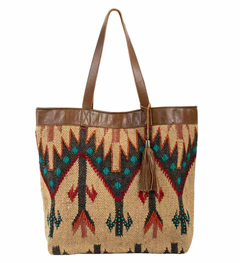 SCULLY: Cream, Red and Blue Aztec Printed Tote Bag