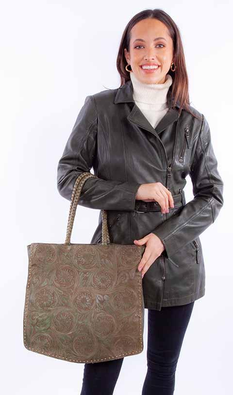 SCULLY: Weathered Tooled Leather Square Tote Bag
