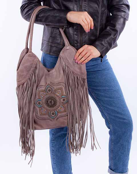 SCULLY: Studded Floral Grey Leather Shoulder Bag