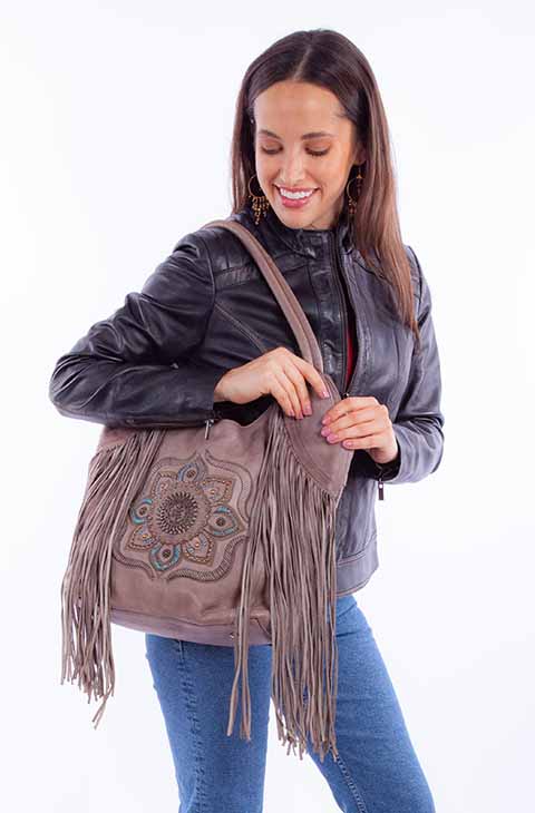 SCULLY: Studded Floral Grey Leather Shoulder Bag