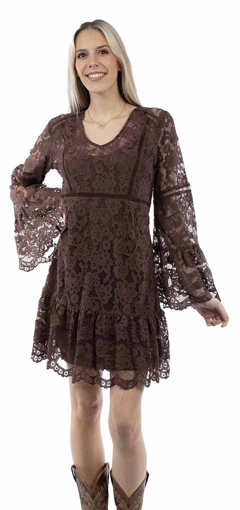 Scully-: Women's Full Lace Long Bell Sleeve Cocktail Dress