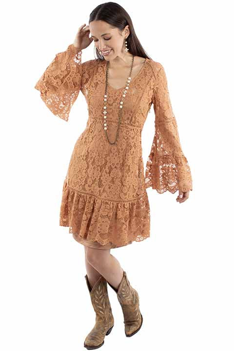 Scully-: Women's Full Lace Long Bell Sleeve Cocktail Dress