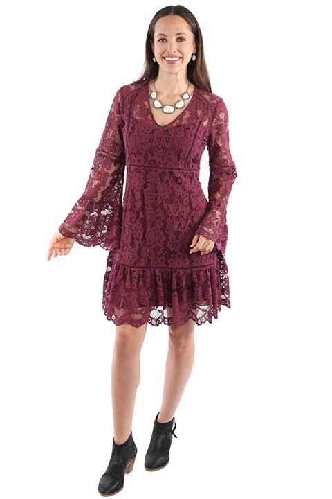 Scully-: Women's Full Lace Long Bell Sleeve Cocktail Dress