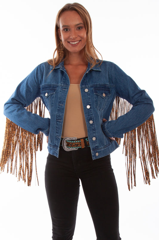 DENIM JACKET W/LEOPARD FRINGE