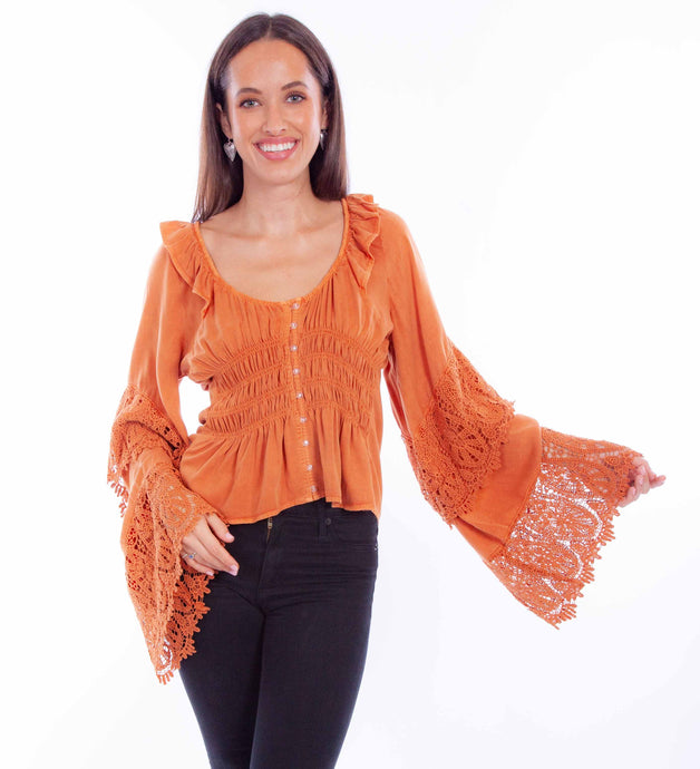 SCULLY CROCHET BELL SLEEVE TOP - Black, Champagne or Russet