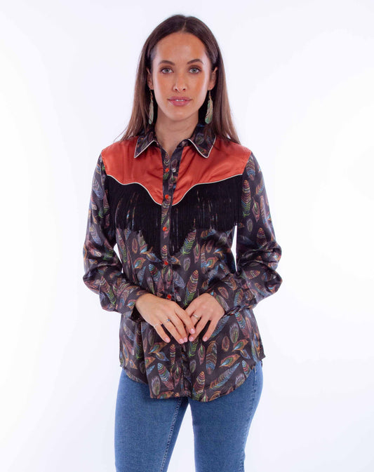 SCULLY FEATHER PRINT W/FRINGE & CONT. YOKE