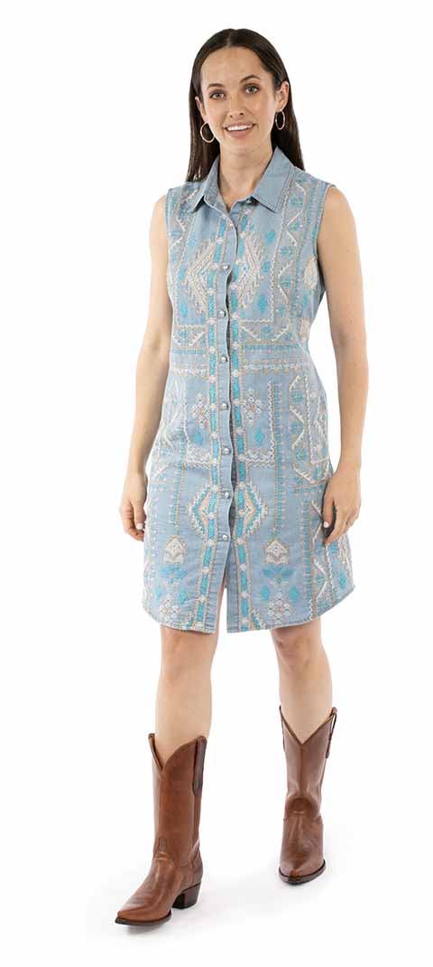 SCULLY: Women's Aztec Embroidered Cinched-Waist Denim Dress