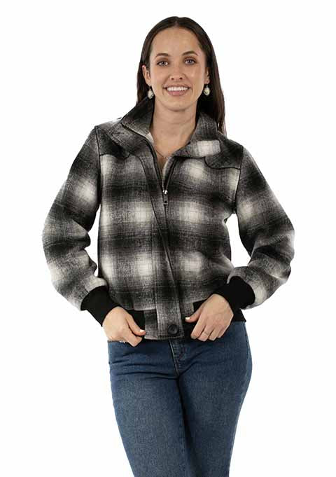 SCULLY: Black and White Blended Plaid Baseball Jacket