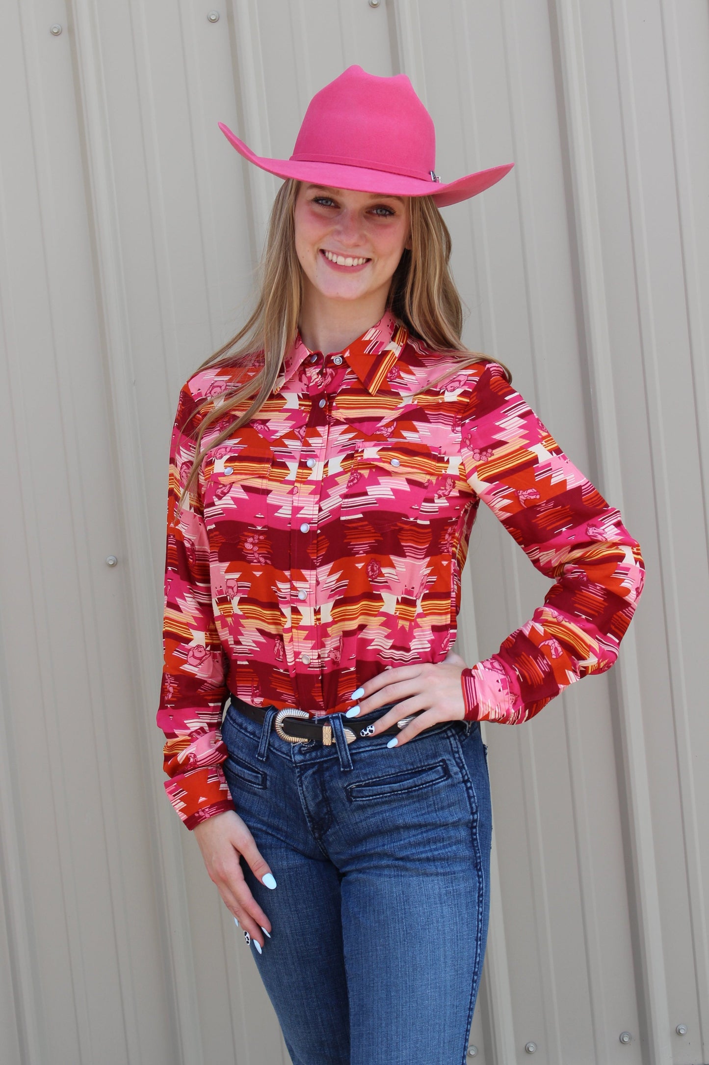 WOMENS LONG SLEEVE RAYON AZTEC PRINT WESTERN BLOUSE