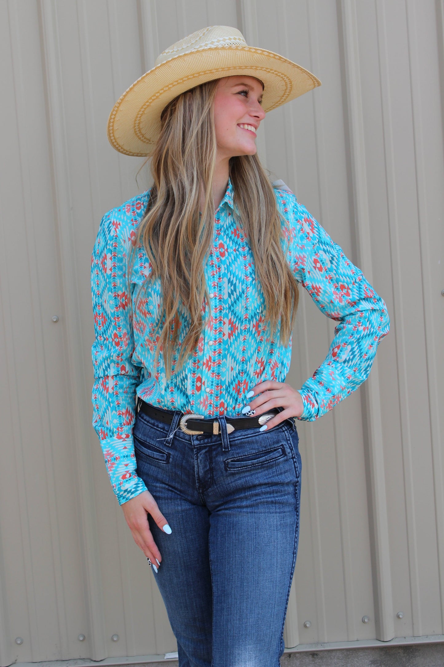 Tin Haul Women's Long Sleeve Turquoise Snap Shirt Turquoise