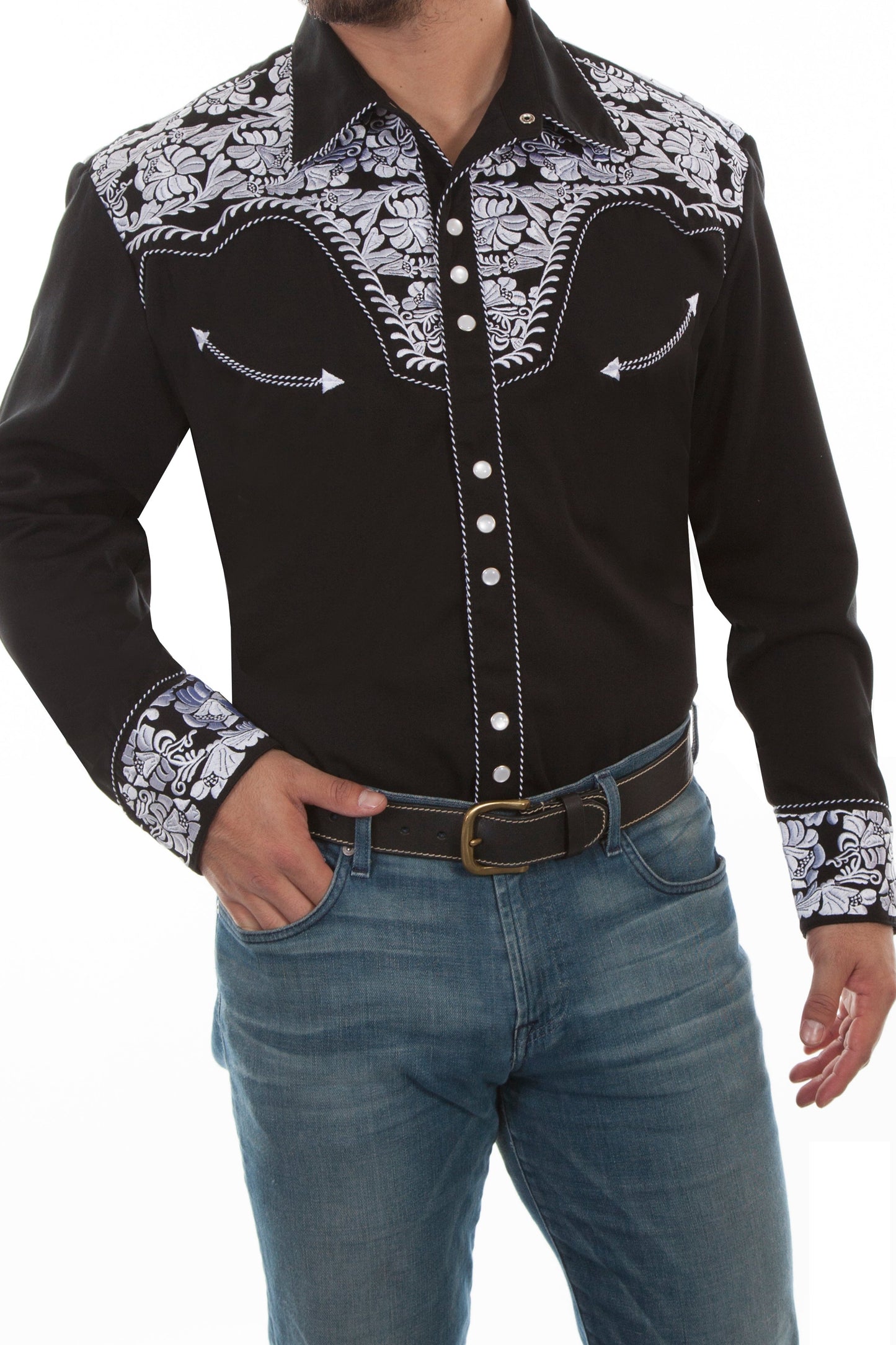 SCULLY FLORAL TOOLED EMBROIDERY SHIRT - White and Black