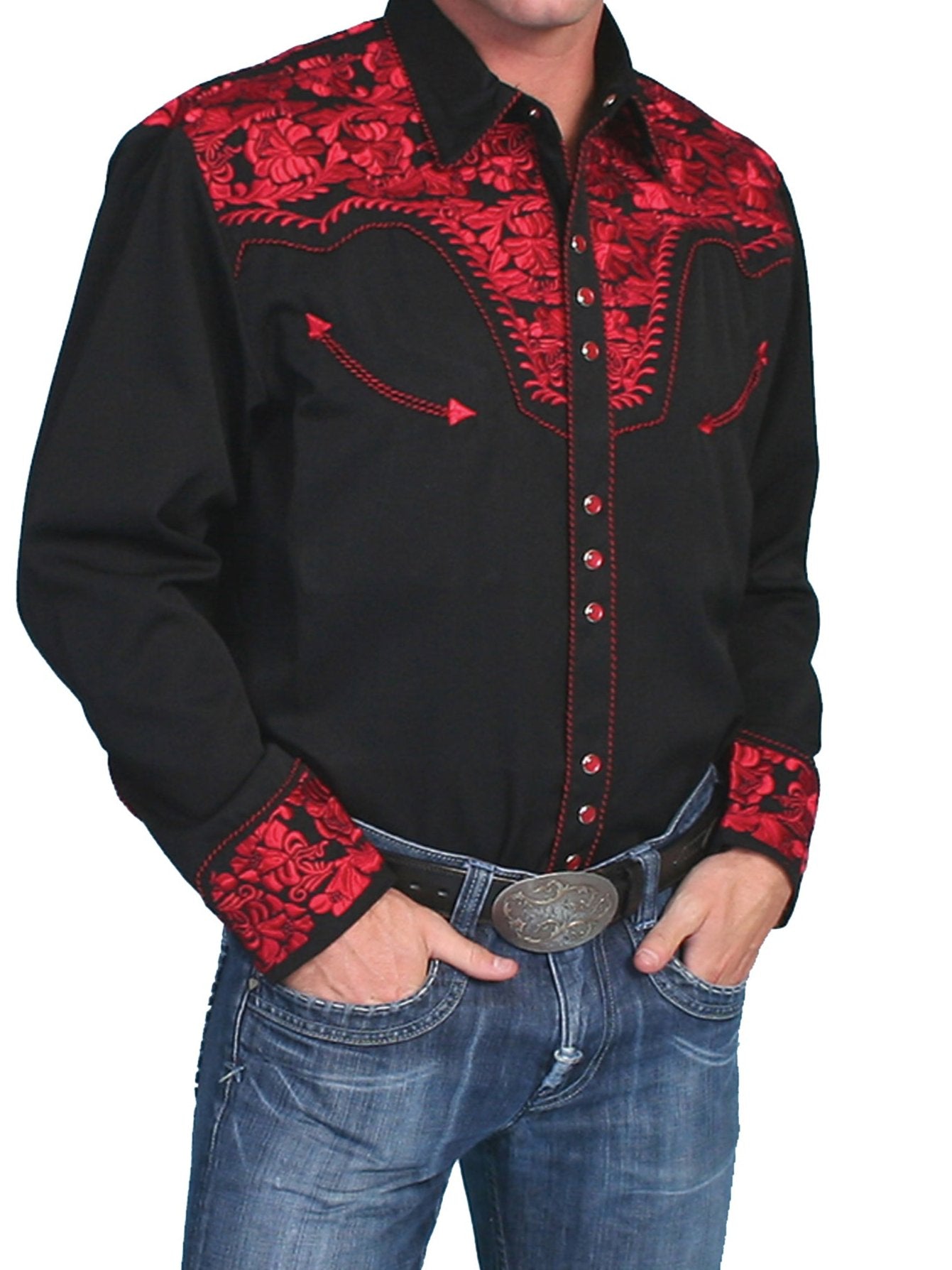 SCULLY FLORAL TOOLED EMBROIDERY SHIRT - Crimson