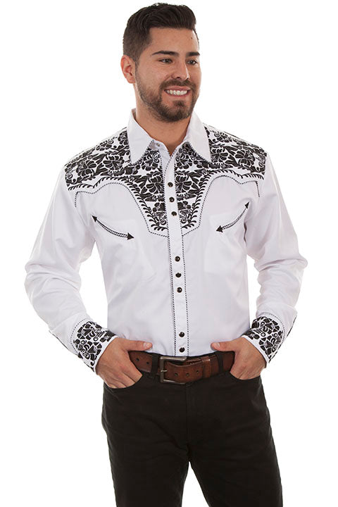 SCULLY FLORAL TOOLED EMBROIDERY SHIRT - White & Black Stitching
